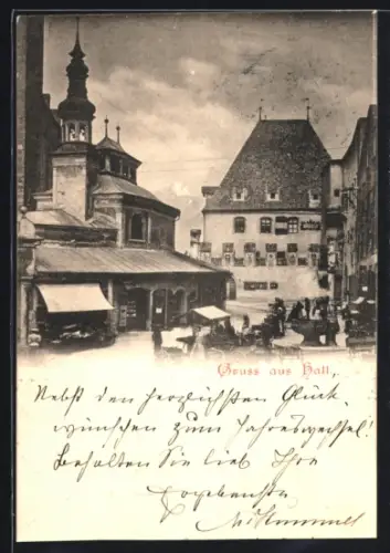 AK Hall /Tirol, Marktplatz mit Marktständen und Kirche