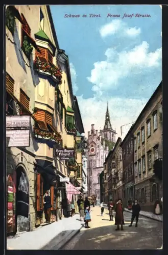 AK Schwaz in Tirol, Franz Josef-Strasse mit Kirchturm