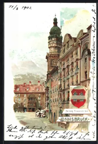 Lithographie Innsbruck, Herzog-Friedrich-Strasse, Strassenansicht mit Turm, Wappen