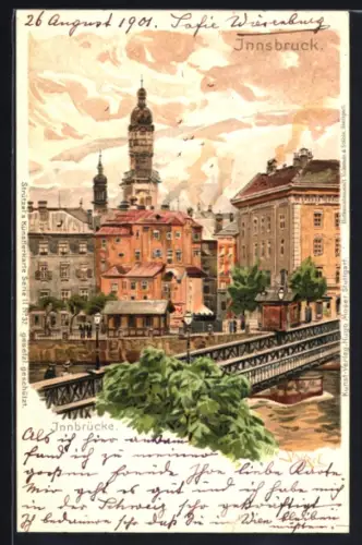 Lithographie Innsbruck, Innbrücke mit Stadtansicht und Kirchtürmen