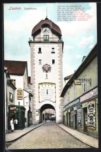 AK Leoben, Stadtturm mit Durchblick, Geschäfte, Gedicht