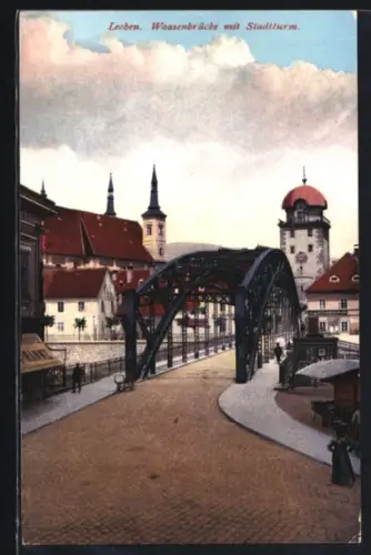 AK Leoben, Waasenbrücke mit Stadtturm
