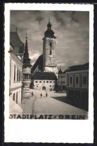 AK Grein, Stadtplatz mit Kirche aus der Vogelschau