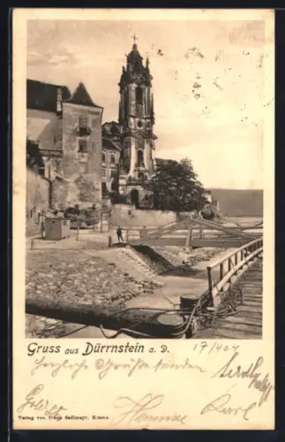 AK Dürrnstein a. D., Donauufer mit Kirche und Brücken
