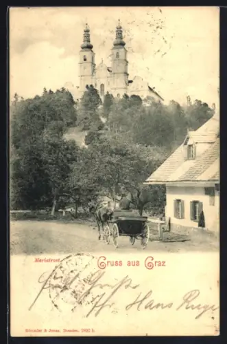 AK Graz, Basilika Mariatrost auf dem Hügel, Kutsche u. Haus im Vordergrund
