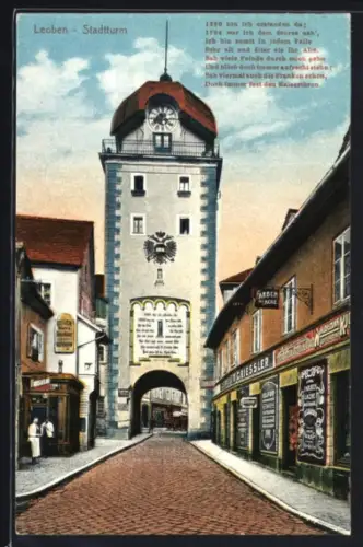 AK Leoben, Stadtturm mit Durchgang und Strassenansicht, Gedicht