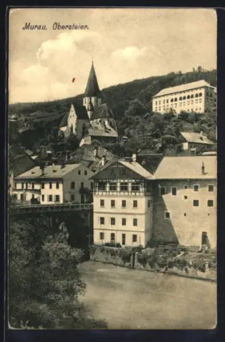AK Murau /Obersteier., Ortsansicht mit Kirche und Brücke an der Mur