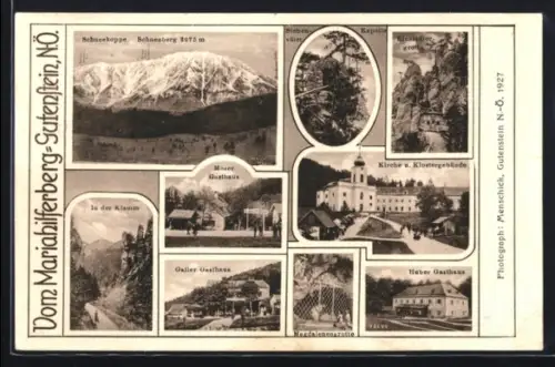 AK Gutenstein /N.Ö., Kirche und Klostergebäude, Gasthäuser Moser, Huber u. Galler, Klamm