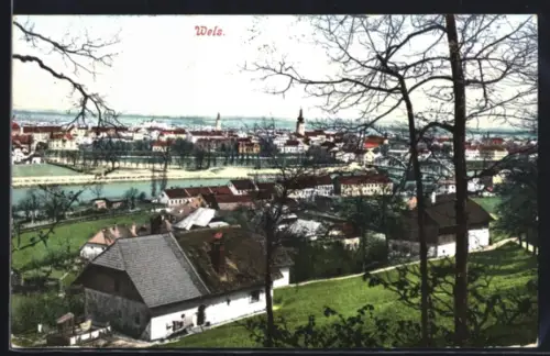 AK Wels, Ortspanorama mit Fluss aus der Vogelschau