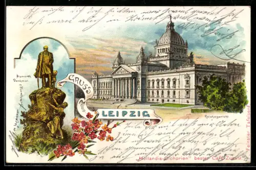 Lithographie Leipzig, Reichsgericht, Bismarck-Denkmal