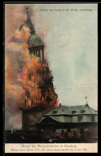 Lithographie Hamburg-Neustadt, Brand der Michaeliskirche am 3. Juli 1906, Turmeinsturz