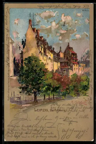 Lithographie Leipzig, Barfussberg, Ortspartie