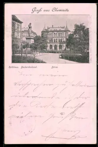 Künstler-AK Chemnitz, Rathaus, Beckerdenkmal, Börse