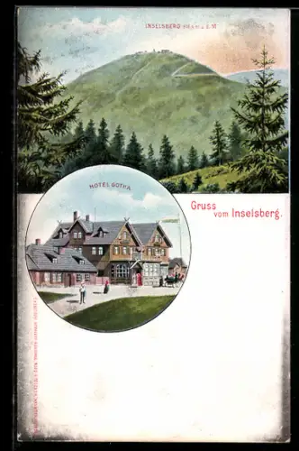 Lithographie Inselsberg, Hotel Gotha, Bergansicht