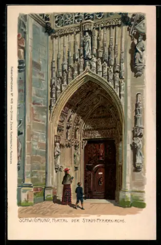 Lithographie Schwäbisch Gmünd, Portal der Stadtpfarrkirche
