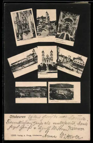 Lithographie Ottobeuren, Kloster, Basilika, verschiedene Postkartenansichten