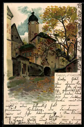 Lithographie Greiz, Oberes Schloss, Schlosshof