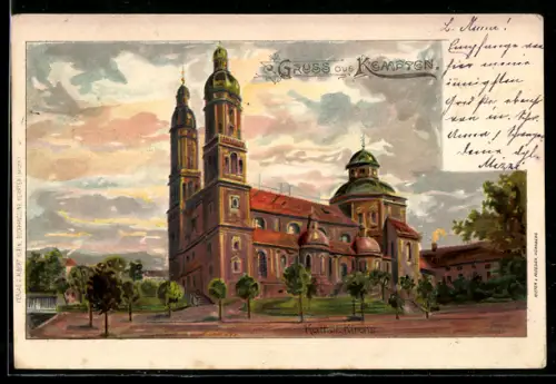 Lithographie Kempten, Katholische Kirche, Panorama