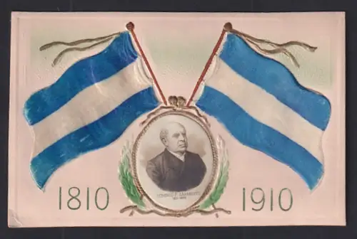Stoff-Präge-AK Präsident von Argentinien Domingo F. Sarmiento und argentinische Flaggen