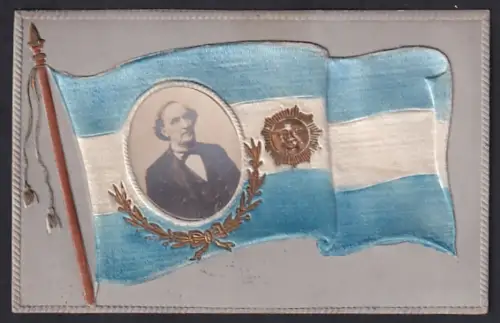 Stoff-Präge-AK Präsident von Argentinien Bartolome Mitre und argentinische Flagge