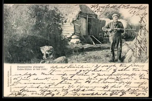 AK Jäger mit Gewehr vor Jagdhütte