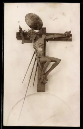 AK Stettin, Skulptur Der Gekreuzigte von Ludwig Gies, später in der Ausstellung Entartete Kunst diffamiert, Bauhaus