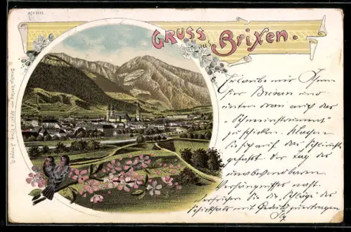 Lithographie Brixen, Totalansicht mit Gebirgspanorama, Vögel und Blüten im Passepartout