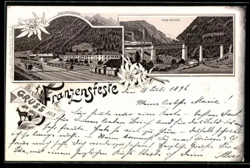 Lithographie Franzensfeste, Bahnhof mit Gleisanlagen, Hohe Brücke