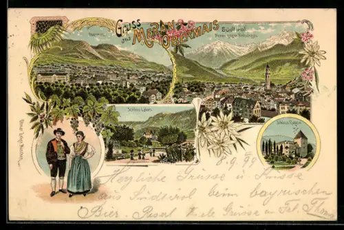 Lithographie Meran, Schloss Labers, Schloss Rubein, Pärchen in Tracht, Panorama von Obermais
