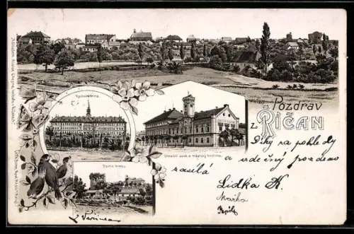 Lithographie Ricany, Panorama, Partie hradu, Vychovakelna, Okresní soud a mestsky hostinec