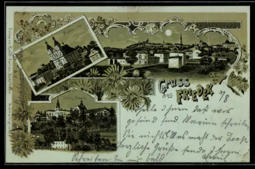 Lithographie Friedek, Marienkirche, Schloss Friedek, Ortsansicht