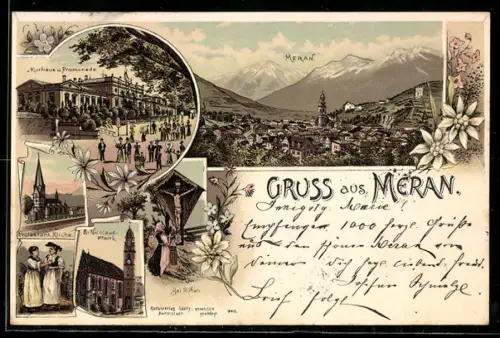 Lithographie Meran, Panorama, Kurhaus und Promenade, St. Nicolaus Pfarrkirche und Marterl