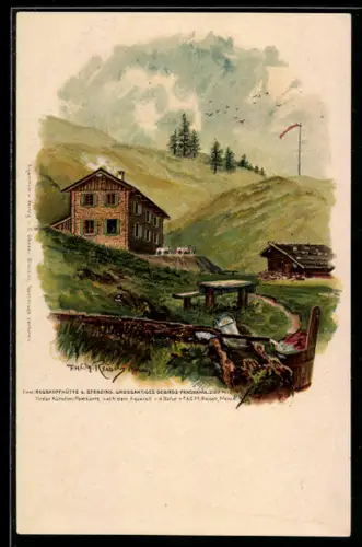 Künstler-Lithographie F.A.C.M. Reisch: Rosskopfhütte bei Sterzing