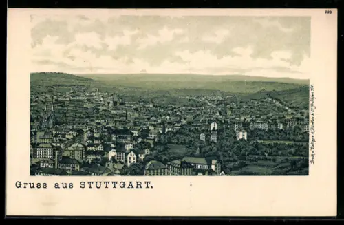 Lithographie Stuttgart, Ortsansicht aus der Vogelschau