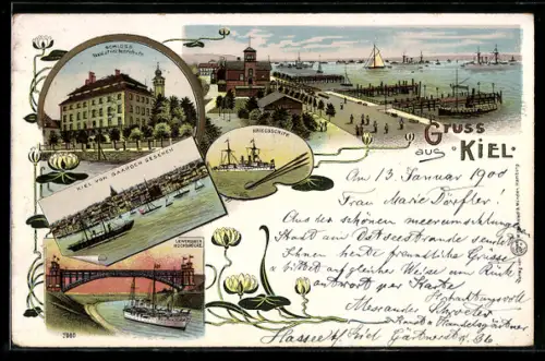 Lithographie Kiel, Schloss, Residenz von Prinz Heinrich von Preussen, Levensauer Hochbrücke, Blick von Gaarden aus