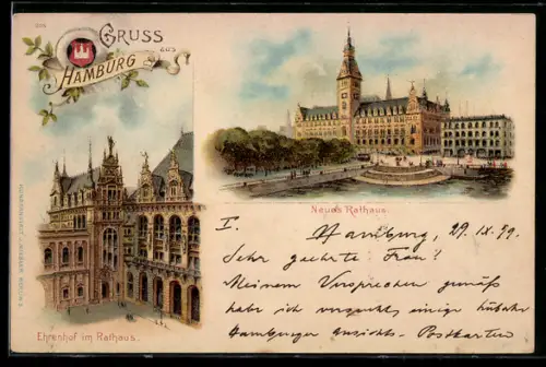 Lithographie Hamburg, Ehrenhof im Rathaus und neues Rathaus