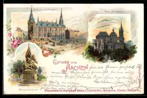 Lithographie Aachen, Kriegerdenkmal, Rathaus mit Marktplatz, Dom von der Nordseite aus