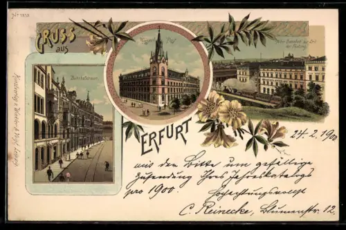 Lithographie Erfurt, Bahnhofstrasse, Kaiserl. Post, Alter Bahnhof zur Zeit der Festung