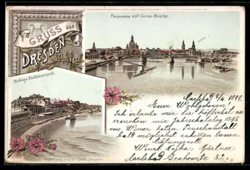 Lithographie Dresden, Helbigs Etablissement, Panorama mit Carola-Brücke