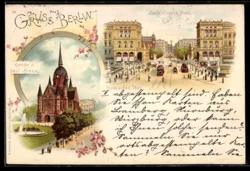 Lithographie Berlin, Hallesches Tor und Belle-Alliance Platz mit Strassenbahn