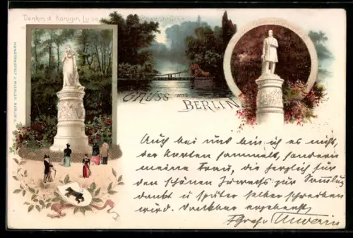 Lithographie Berlin-Tiergarten, Denkmal d. Königin Luise, Löwenbrücke, Denkmal Friedrich Wilhelm III.