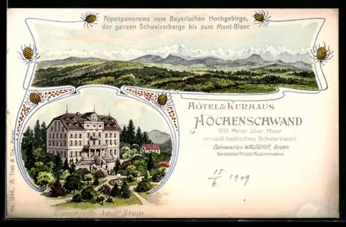 Lithographie Waldshut /Baden, Höchenschwand, Hotel & Kurhaus, Eigentümer Adolf Stein, Alpenpanorama