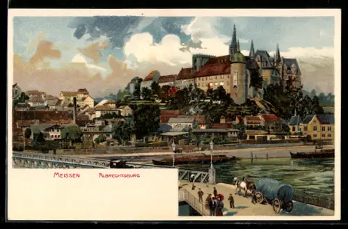Lithographie Meissen, Blick auf die Albrechtsburg