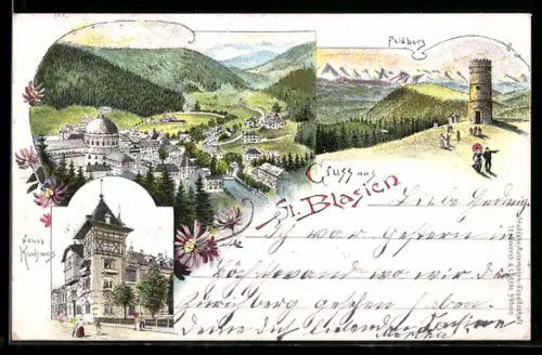 Lithographie St. Blasien, Neues Kurhaus, Feldbergturm und Gesamtansicht