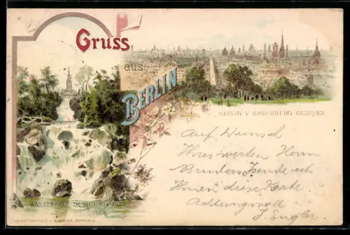 Lithographie Berlin-Kreuzberg, Ortsansicht v. Kreuzberg aus, Viktoriapark-Wasserfall