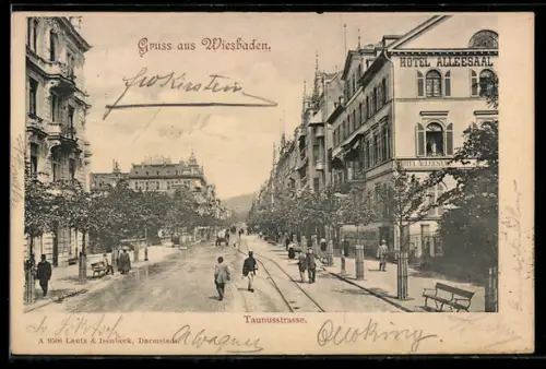 AK Wiesbaden, Taunusstrasse mit Hotel Alleesaal und Restaurant
