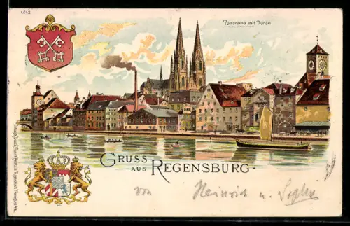 Lithographie Regensburg, Donaupartie mit Kirche, Wappen