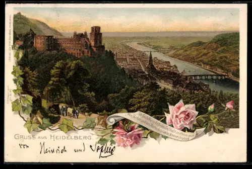 Lithographie Heidelberg, Schloss und Ortsansicht, Rosen und Efeu