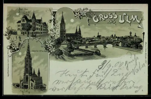 Mondschein-Lithographie Ulm, Stadtansicht mit Brücke, Münster, Saal-Bau