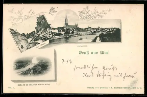 AK Ulm, Blau Venedig, Stadtansicht, Blick auf Donau vom Münster herab